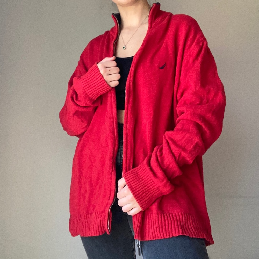 Nautica Preppy Red Knit Zip Up Cardigan Sweater